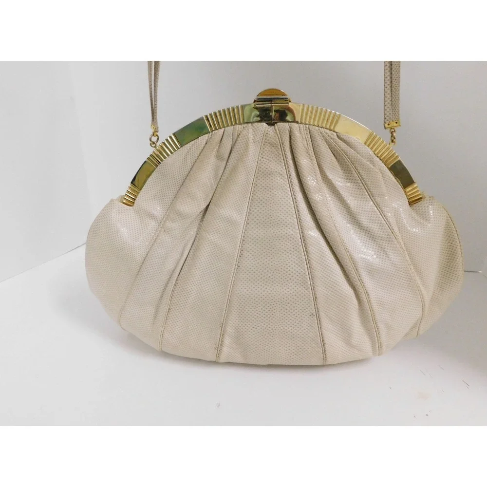 Judith Leiber Large Beige Karung Leather‎ Pink Quartz Cameo Clutch Shoulder Bag